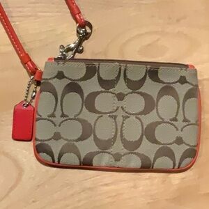COACH Cloth Card Wallet Wristlet Brown Orange Leather